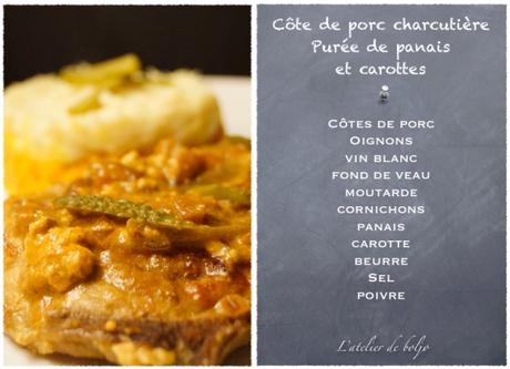 Côtes de porc charcutière aux deux purées, carottes et panais Côte de porc charcutière Purée de panais et carottes 2