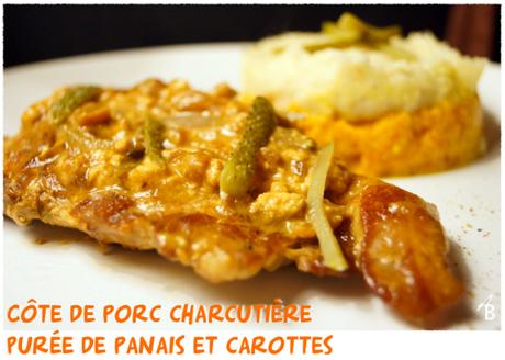 Côtes de porc charcutière aux deux purées, carottes et panais Côte de porc charcutière Purée de panais et carottes 1