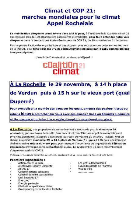 Marche pour le climat ce dimanche 29 novembre à La Rochelle: 14h place de Verdun 15h autour du Vieux port chaîne humaine