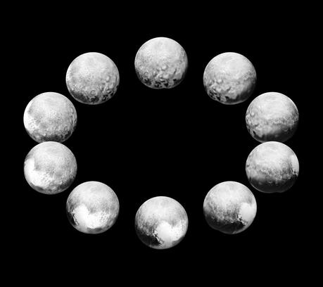 Une rotation complète de Pluton, un jour plutonien, soit 6,4 jours. À mesure que New Horizons se rapprochait, la résolution s’améliore. Seulement de passage, la sonde a survolé au plus près, le 14 juillet, la tache claire en forme de cœur : Tombaugh regio visible ici en bas du cadran. L’image composite à 3 h a été prise le 7 juillet à 8 millions de km et celle à 6 h, correspondant à l’« hémisphère de rencontre », le 14 juillet