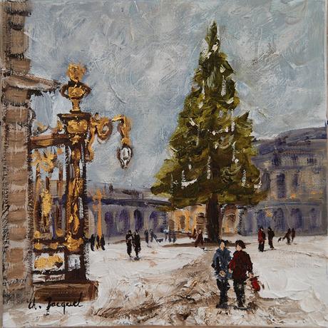 Vendredi Peinture à l'huile, peinture de ville, de neige, de sapin de Nöel, de personnages, peinture originale sur carton entoilé