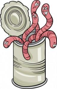 Cartoon Humor Concept Illustration of Can of Worms Saying or Proverb