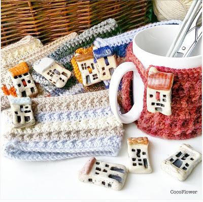 Cozy Mug Coffee Mug Warmer Dark Purple Honey color Artisanal Ceramic button Sweater Tea Sleeve Cover Crochet Wool Ooak