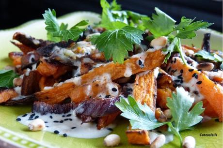 PATATE DOUCE & OIGNON ROUGE ROTIS, SAUCE TAHINA Patate douce au houmous