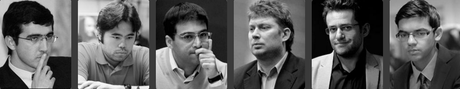 Six champions d'échecs d'exception – Vladimir Kramnik, Hikaru Nakamura, Viswanathan Anand, Alexei Shirov, Levon Aronian et Anish Giri