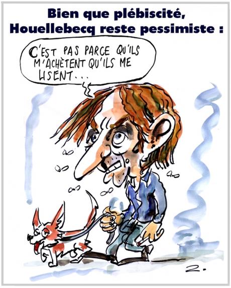 Caricature Michel Houellebecq webzine,zébra,bd,gratuit,fanzine,bande-dessinée,caricature,michel houellebecq,hitlérien,pessimiste,dessin,presse,satirique,editorial cartoon,zombi