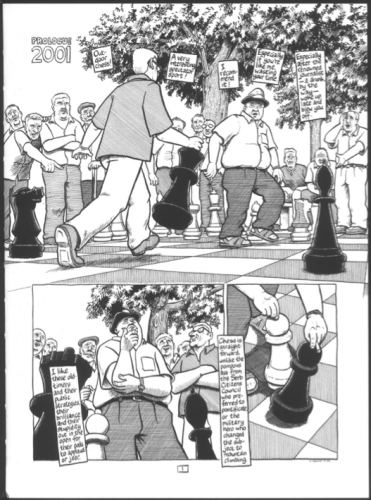 Les joueurs d’échecs de Sarajevo Source : Joe Sacco, 2003, The Fixer, Drawn and Quarterly, Londres, planche 1.
