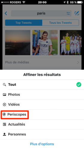 Twitter pour iOS: filtrez les recherche Periscope