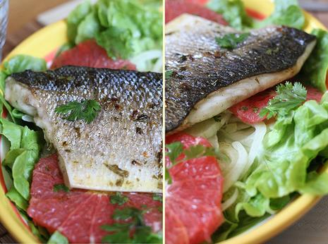 Salade de pamplemousse, fenouil & filets de bar marinés à la vanille Bar au pamplemousse & à la vanille II