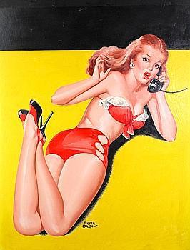 Driben, Peter Pin up en bikini rouge, surprise au téléphone, réalisée pour la couverture du magazine Whisper, mars 1949. Huile sur panneau. Signée en bas à droite. Crédit : Peter Driben