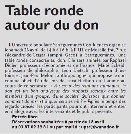 Table ronde sur le don à Sarreguemines Table ronde sur le don à Sarreguemines