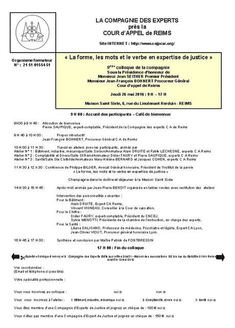La forme, les mots et le verbe en expertise de justice : Metz 26 mai 2016 Bulletin d'inscription congrès Reims