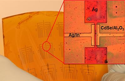 A nanocrystal-ink printed transistor on a flexible backing A nanocrystal-ink printed transistor on a flexible backing