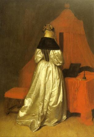Ter Borch Woman in white sateen in front of a bed with red curtains c. 1655 Dresden, Gemaldegalerie, Alte Meister
