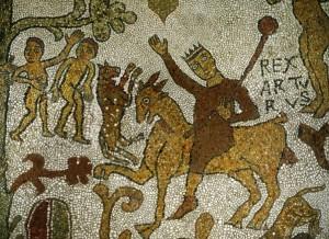 Arthur (clairement identifié Rex Arturus) combattant un monstre, sur une mosaïque de l'église d'Otrante (Italie), milieu du XIIème siècle