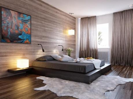 Une chambre Zen pour la/le célibataire couleur-chambre-coucher-combinaisons-matelas-gris-rideaux-fins-marron-clair-revêtement-sol-mural-aspect-bois couleur chambre