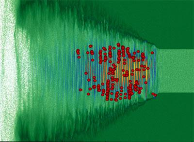 Image from a computer simulation showing an intense laser pulse as it travels in plastic