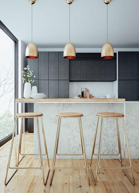 Un îlot dans nos cuisines ? Cuisine ouverte avec îlot central et tabouret cuivre