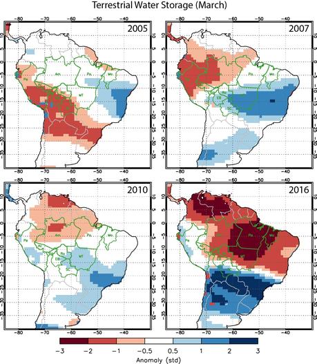 Les données sur les réserves d’eau souterraine collectées avec le satellite Grace montrent un déficit très important en 2016 pour la moitié nord de l’Amérique du Sud. L’impact sur la forêt amazonienne et tout le bassin du fleuve Amazone risque d’être très fort — Crédit : Yang Chen, University of California, Irvine