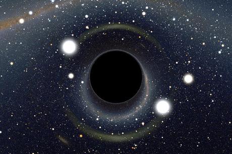 Simulation des distorsions optiques causées par la grande masse d’un trou noir devant le Grand Nuage de Magellan.