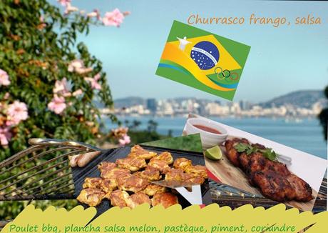 poulet au grill, à la plancha au bbq, salsa, sauce melon pasteque coriandre, sans gluten bbq frango churrasco, poulet, sauce piment melon pastèque, sans gluten