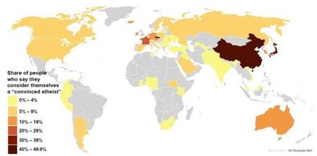 Washington Post / WIN/ Gallup International La carte du Washington Post à partir des données de l'étude Gallup montre la place des pays les plus athées dans le monde.