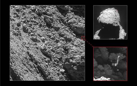 Le robot Philae, large d’un mètre, a été retrouvé sur le noyau de la comète Tchouri à l’endroit supposé par le Cnes. Cette image a été prise par Rosetta le 2 septembre 2016, à 2,7 km de distance. Crédit : ESA, Rosetta, MPS for OSIRIS Team MPS, UPD, LAM, IAA, SSO, INTA, UPM, DASP, IDA, NavCam – CC BY-SA IGO 3.0