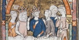 Arthur et Guenièvre dans des temps plus heureux, de la British Library, MS royale 14.E.iii, 89r