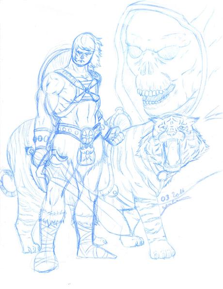 Musclor - crayonné à la mine bleue avec son tigre de combat et Skeletor en fond