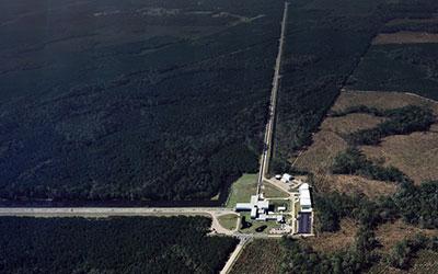 Aerial photograph of the LIGO gravitational wave detector in Livingston Louisiana