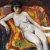 1925, Jan Sluijters : Zittend vrouwelijk naakt tegen oranjerode achtergrond