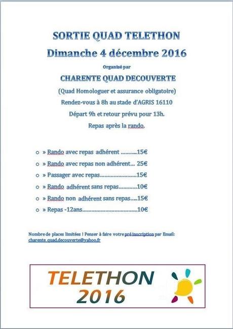 Balade quad Téléthon de Charente Quad Découverte (16), le 4 décembre 2016