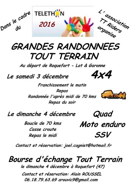 Rando 4X4, moto, quad et SSV des TT Riders à Roquefort (47), le 3 et 4 décembre 2016