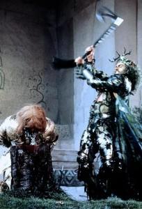 Sean Connery wielding an axe as the Green Knight in the 1984 film ' Sword of the Valian - The Legend of Sir Gawain and the Green Knight