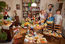 The Sturm Family of Hamburg, Germany. Astrid Hollmann, 38, and Michael Sturm, 38, and their three children Lenard, 12, Malte Erik, 10, and Lillith, 2.5, with their typical weekâ¤?s worth of food in June.  ONE WEEKâ¤?S FOOD IN JUNE Food Expenditure for One Week:   â?¬ 253.29 ($325.81 USD) Model Released.