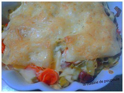 Lasagne aux poireaux, carottes et saucisses fumées Lasagne aux poireaux, carottes et saucisses fumées