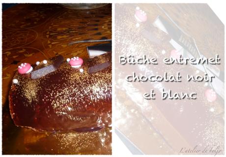 Bûche mousse chocolat blanc et noir, insert mangue passion, croustillant et biscuit chocolat