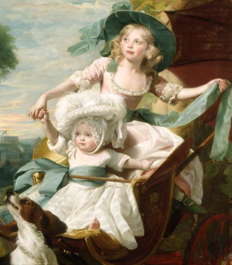 Amélia, en compagnie de sa soeur Sophia (détail d'un tableau de John Singleton Copley en 1785 représentant les trois plus jeunes soeurs, Amélia, Sophia et Mary - Buckingham Palace)