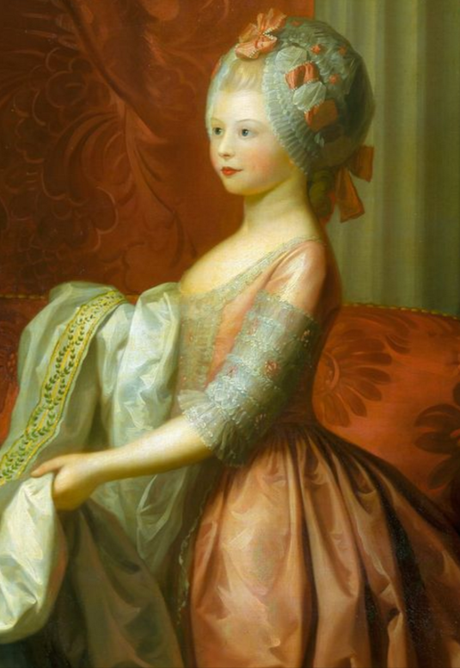 Charlotte, Princess Royal, par Benjamin West en 1776 (détail - Collection Elizabeth II)
