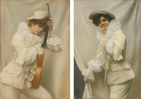 Les pendants célibataires : femme femme Edmundo Pizzella 1906 Le musicien et Derriere le rideau Pastels