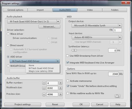 Périphériques audio, paramètres et tampon dans MAGIX Music Maker Premium Figure 3- La colonne gauche comporte de nombreuses options disponibles. Le choix de l'option est subjectif et dépend du logiciel et du matériel système, ainsi que de la complexité du projet. Essayez tranquillement les options offertes pour trouver l'option la mieux adaptée à votre système.