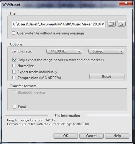 Périphériques audio, paramètres et tampon dans MAGIX Music Maker Premium Figure 2- Music Maker peut exporter des projets comportant différentes fréquences d'échantillonnage en tant que fichier WAV. Assurez-vous de ne pas normaliser le projet et de ne pas utiliser de compression pour conserver la dynamique et la qualité audio.