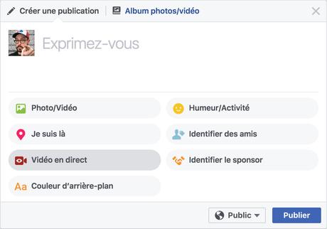 Pour démarrer un Facebook Live à partir d'un navigateur, il suffit de cliquer sur le bouton Vidéo en direct.