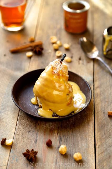 Douillons de poires à la crème de noisettes, crème anglaise au ChaÏ tea Douillons de poires à la crème de noisettes, crème anglaise au ChaÏ tea
