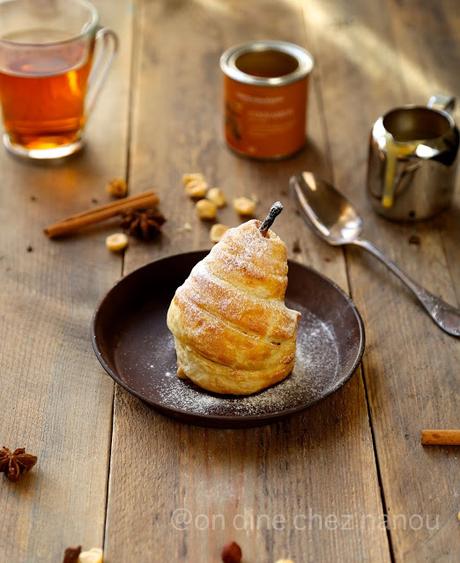 Douillons de poires à la crème de noisettes, crème anglaise au ChaÏ tea Douillons de poires à la crème de noisettes, crème anglaise au ChaÏ tea
