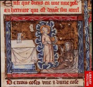 Josephe with the Holy Grail Christ appears to a hermit in a vision, holding a book containing the true history of the Holy Grail. From History of the Holy Grail, French manuscript, early 14th centur