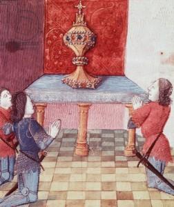 DGA627637 Galahad, Perceval and Bohors kneel before Holy Grail, miniature from manuscript 122 folio 179 verso, France 15th Century.; (add.info.: Galahad, Perceval and Bohors kneel before Holy Grail, miniature from manuscript 122 folio 179 verso, France 15th Century.); De Agostini Picture Library; out of copyright