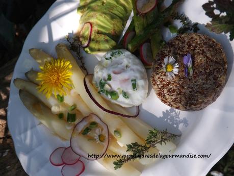 Assiette bucolique de légumes de printemps,quinoa poélé Sabarot et son oeuf poché IG BAS