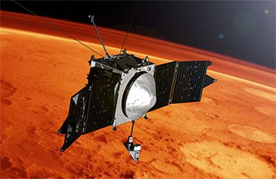Artist's concept showing MAVEN spacecraft over Mars