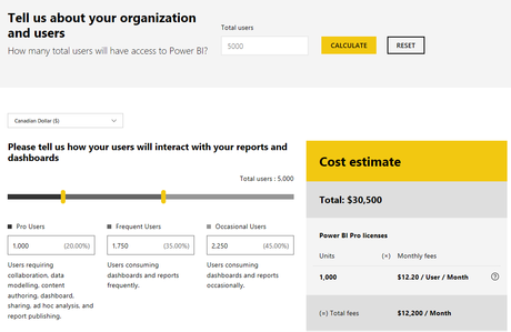 Calculatrice coûts Power BI